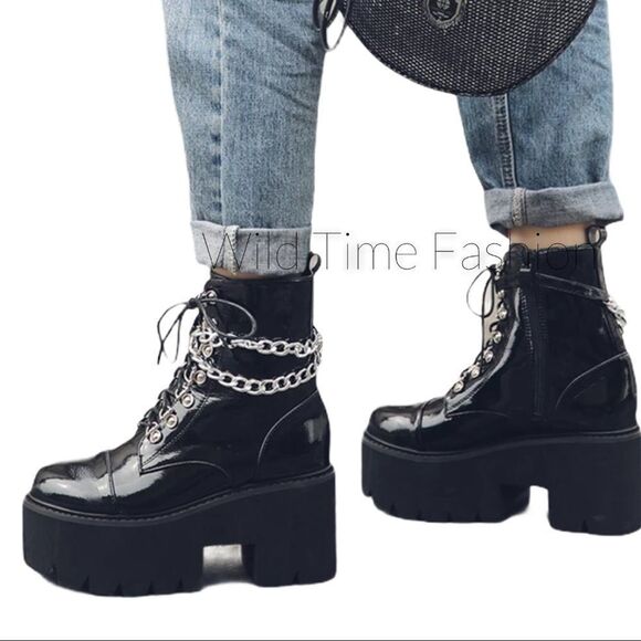 Black Patent Silver D-Rings Ankle Chain Platform Combat Boots NEW